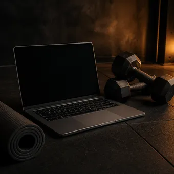 Una laptop en el piso de un gimnasio junto a mancuernas y una colchoneta enrollada